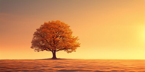 Lonely tree in the middle of a field during sunset with a gradient orange sky
