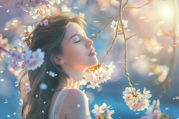 A beautiful woman standing near a blooming cherry blossom tree, her hair catching the sunlight