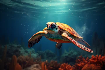 Fotobehang Oceanic Elegance: Sea Turtle Swimming © Canvas Alchemy