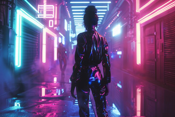 A futuristic fashionista, wearing a sleek metallic jumpsuit, surrounded by neon lights in a cyberpunk cityscape