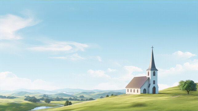 3D rendering of a small church on a hill with a bright blue sky and green field