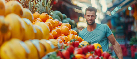 fruit stand, in the background, out of focus, a young man with a athletic physique