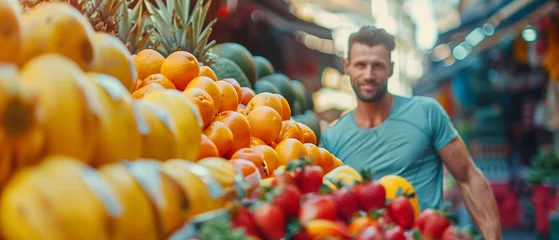 Rolgordijnen fruit stand, in the background, out of focus, a young man with a athletic physique © Irina