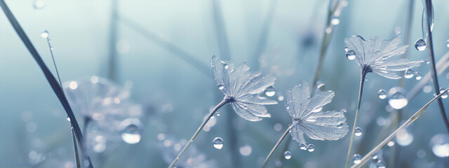 Close-up of delicate white flower petals covered in glistening water droplets against a soft blurred background in shades of blue. - obrazy, fototapety, plakaty