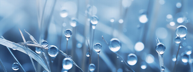 Close-up of delicate dew drops on thin grass blades against blurred background in cool blue tones. - obrazy, fototapety, plakaty