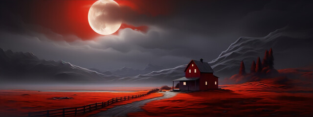 A digital painting of a lonely red house in a field of red grass under a large red moon. - obrazy, fototapety, plakaty