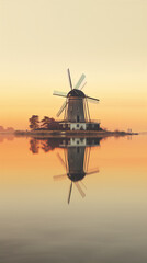 A windmill at sunrise reflecting on a lake with a beautiful orange sky and clouds