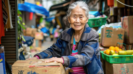 An elderly woman is seated on a wooden box in a bustling market, surrounded by various vendors and shoppers - obrazy, fototapety, plakaty