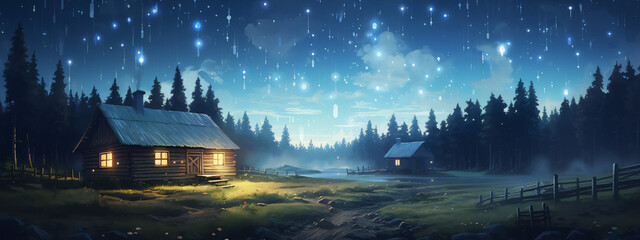 Fairytale night landscape with two wooden houses in the forest under falling stars