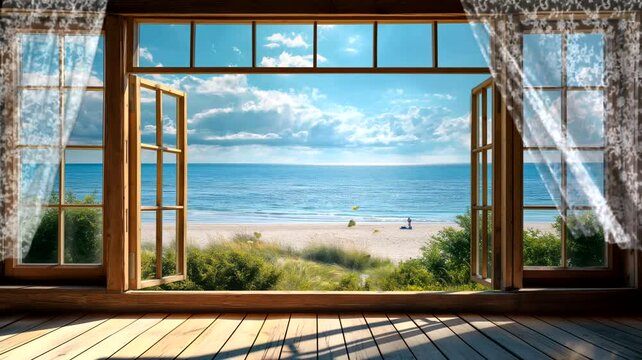 Beach view from window. Seamless looping time-lapse 4k video animation background