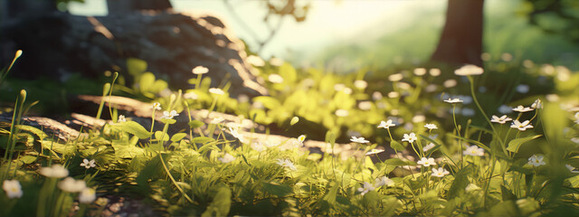 Close-up of white flowers and green grass in a sunlit forest - obrazy, fototapety, plakaty