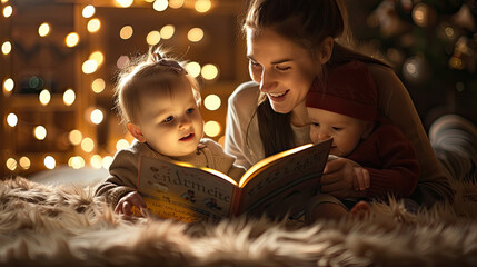 Happy woman sitting and reading a colorful book to a young children, who is listening intently. Both are engaged in the story, surrounded by a cozy setting