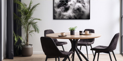 Black and white photo of a foggy forest in a minimal scandinavian home interior with a round wooden table and four black chairs. - obrazy, fototapety, plakaty