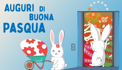 Happy Easter holiday in italian text Easter greeting banner, poster, flyer card, presentation, brochure, templates set, background. Bunny rabbit, Easter Painted eggs hunt falls out from elevator.