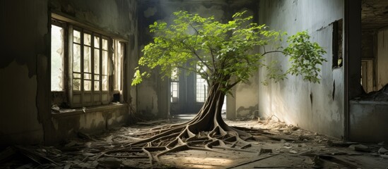 A tree is seen sprouting from the ground inside a decrepit building, showcasing natures resilience amidst urban decay. - obrazy, fototapety, plakaty