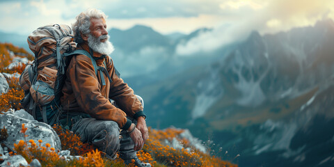 senior adult hiker on the top of mountain - obrazy, fototapety, plakaty