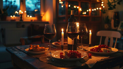 A romantic candlelit dinner at home, with homemade Italian cuisine and fine wine — tenderness and care, friendship and love, trembling of the soul and a feeling of happiness