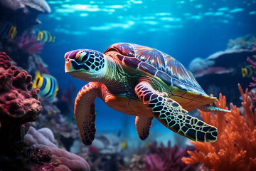 Fototapeta na wymiar Oceanic Journey - Sea Turtle Among Fish