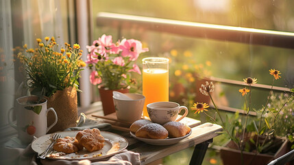 Breakfast on the balcony with fresh juice and warm pastries, basking in the morning sunlight — tenderness and care, friendship and love, trembling of the soul and a feeling of happ
