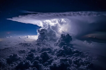 A thunderhead cloud, charged with electricity, lightning striking downward like celestial veins.
