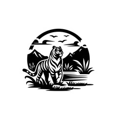 Beautiful tiger in nature. Monochrome isolated vector emblem illustration