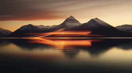 Abstract landscape with mountains and water in red and orange colors