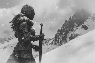 A warrior queen, clad in armor, standing on a snowy mountaintop, her sword raised against an unseen...
