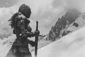 Fotobehang A warrior queen, clad in armor, standing on a snowy mountaintop, her sword raised against an unseen foe © Formoney