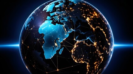 Fototapeta premium Digital world map, globe, concept of global connection, network and data transfer, technology and telecommunication, information flow
