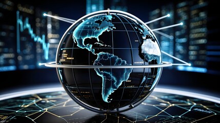 Digital world map, globe, concept of global connection, network and data transfer, technology and telecommunication, information flow