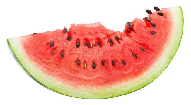 Juicy watermelon slice with black seeds on transparent background - stock png.