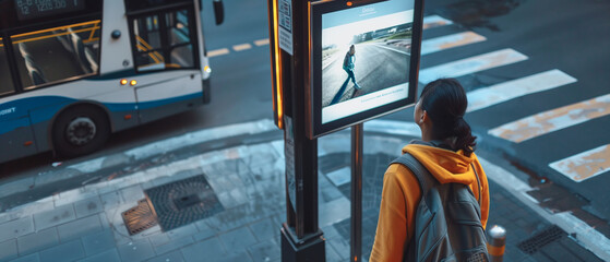 girl on a pedestrian monitor, looking at the monitor