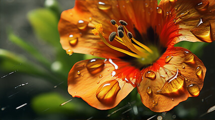 Close-up of a wet orange hibiscus flower with water drops on its petals. - obrazy, fototapety, plakaty
