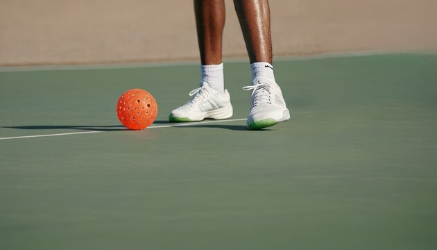 Pickleball game. Focus on the sword and legs of the players. The concept of an active lifestyle, sports game.