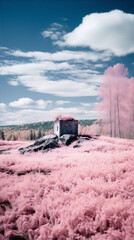 vibrant pink surreal landscape with a lonely watchtower