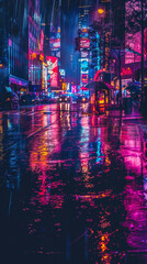 Illuminate a rainy city street with neon signs. Capture reflections on wet pavement and the buzz of nightlife