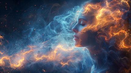 Fototapeta premium abstract background, visualization of the human subconscious, woman in digital space