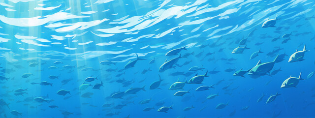 Fototapeta na wymiar Underwater scene with a school of fish in blue water, digital art