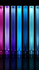 Abstract 3D rendering of colorful glowing panels in the dark with a shiny reflective floor.