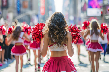 A cheerleading parade, pom-poms waving, marching down a city street during a homecoming celebration