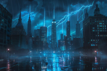 A city skyline at night, skyscrapers outlined by electric blue lightning bolts, rain-soaked streets reflecting the glow