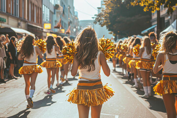 A cheerleading parade, pom-poms waving, marching down a city street during a homecoming celebration