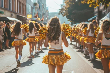 Foto auf Acrylglas Tanzschule A cheerleading parade, pom-poms waving, marching down a city street during a homecoming celebration