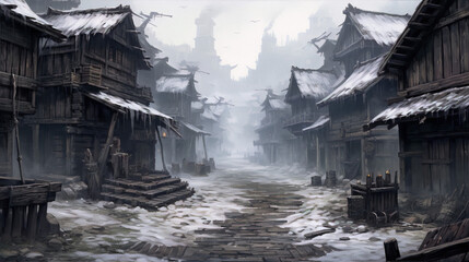 A digital painting of a snow-covered medieval town with wooden houses and shops in the background.
