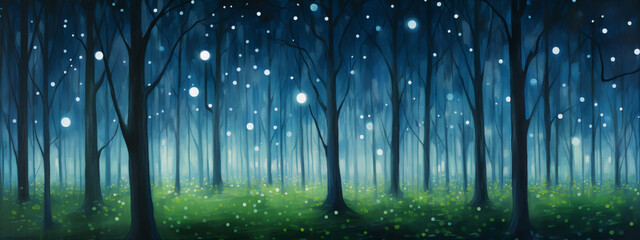 Mystical moonlit forest with glowing mushrooms in a surreal blue green landscape.