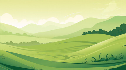 Green rolling hills landscape in a minimalist flat style with a gradient background
