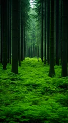 Muurstickers Mystical green arboreal landscape with emerald moss and towering spruce trees © zhor