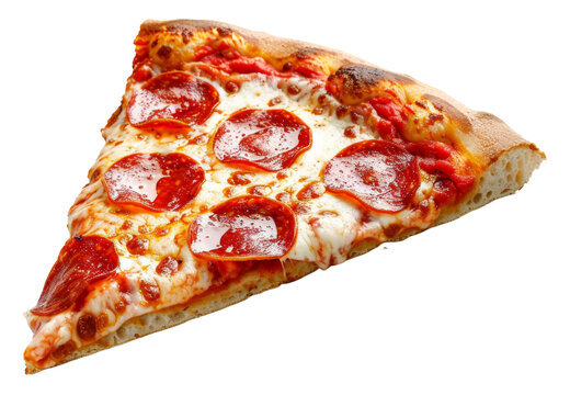 Hot pepperoni pizza slice with melting cheese on transparent background - stock png.