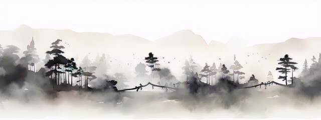 Black and white misty forest landscape, with mountains in the background, in a traditional Chinese ink painting style.