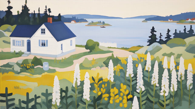 A painting of a small white house on a hill overlooking the ocean. The painting is in a folk art style and has bright, bold colors.